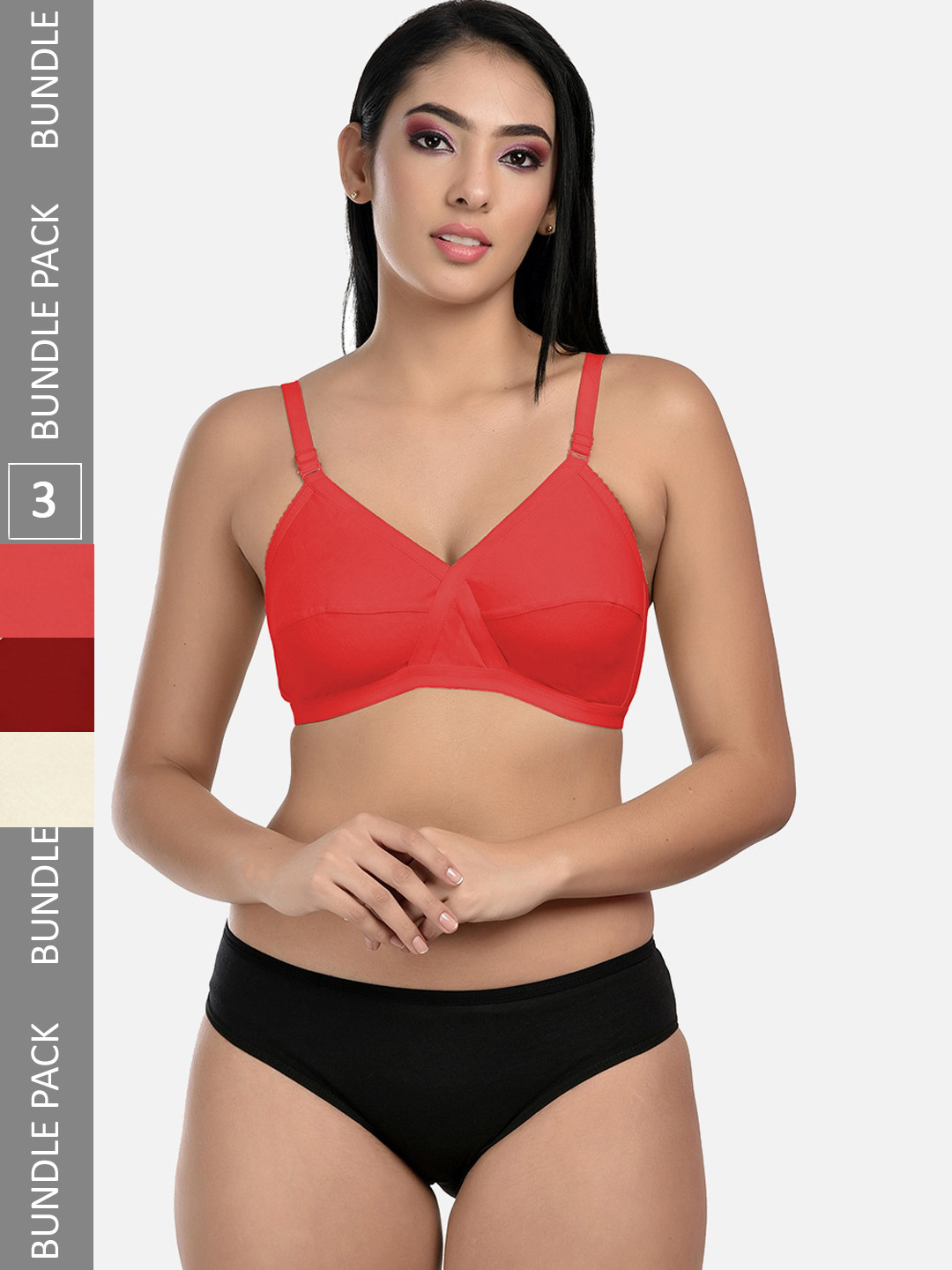 StyFun Pack Of 3 Non-Padded Lingerie Sets LS_Cross_Set_BeigeRedMaroon_B