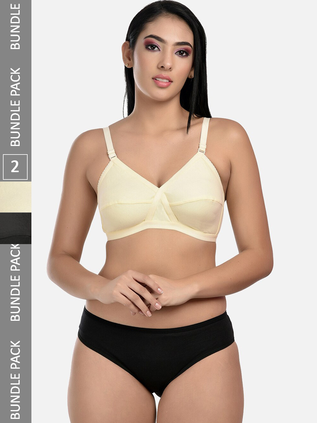 StyFun Pack of 2 Full Coverage Non-Padded Lingerie Sets LS_Cross_Set_BlackBeige_B