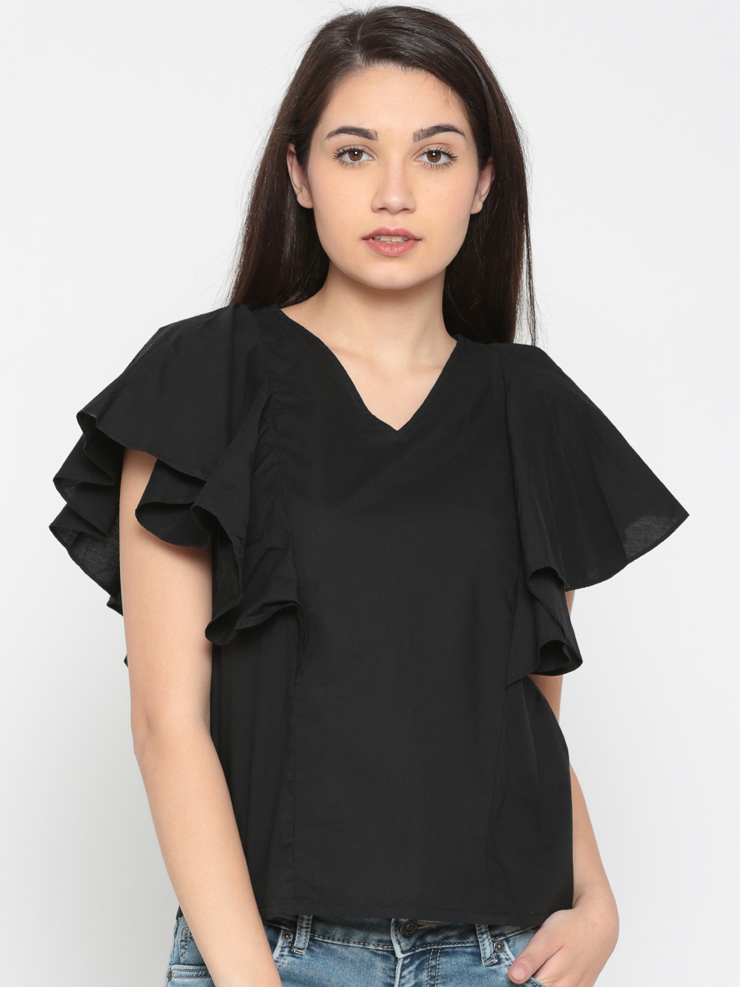 Pepe Jeans Women Black Solid Fitted Pure Cotton Top