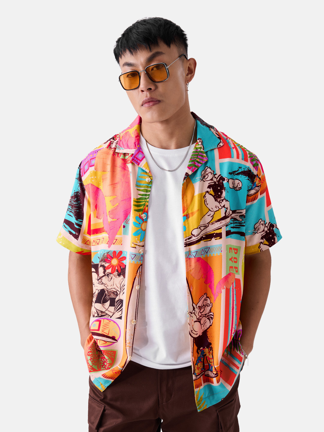 The Souled Store Orange Boxy Fit Popeye Printed Casual Shirt