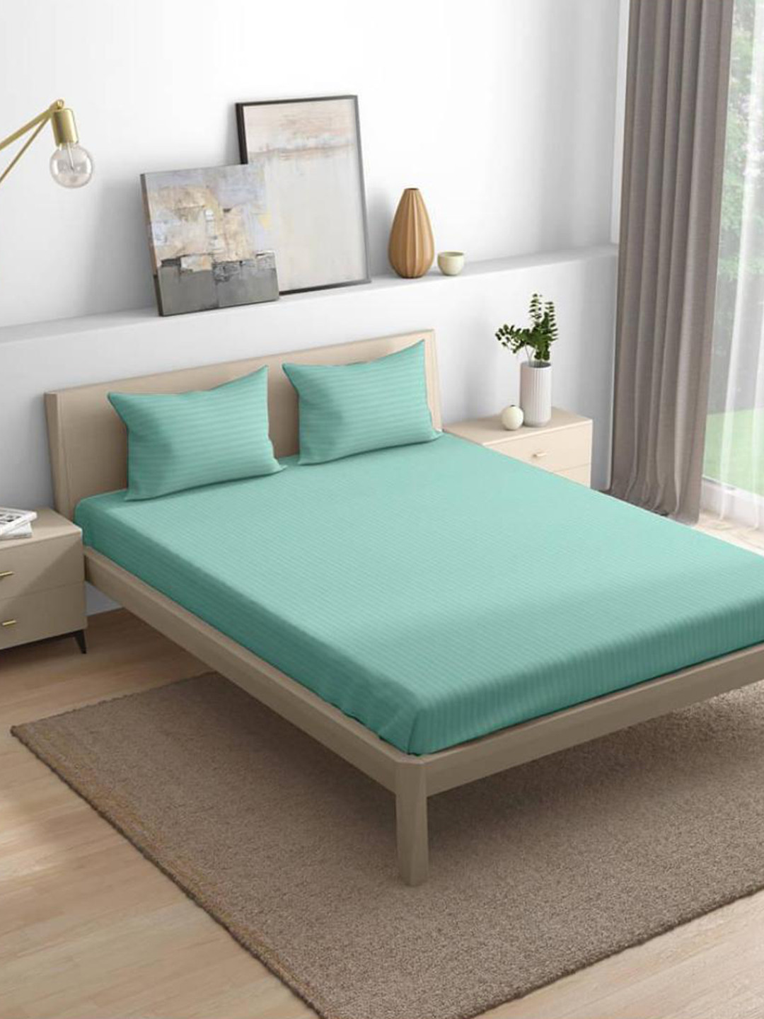 wakefit Aquifer Green Solid Cotton 210 TC Fitted Queen Bedsheet with 2 Pillow Covers-198 x 152 cm