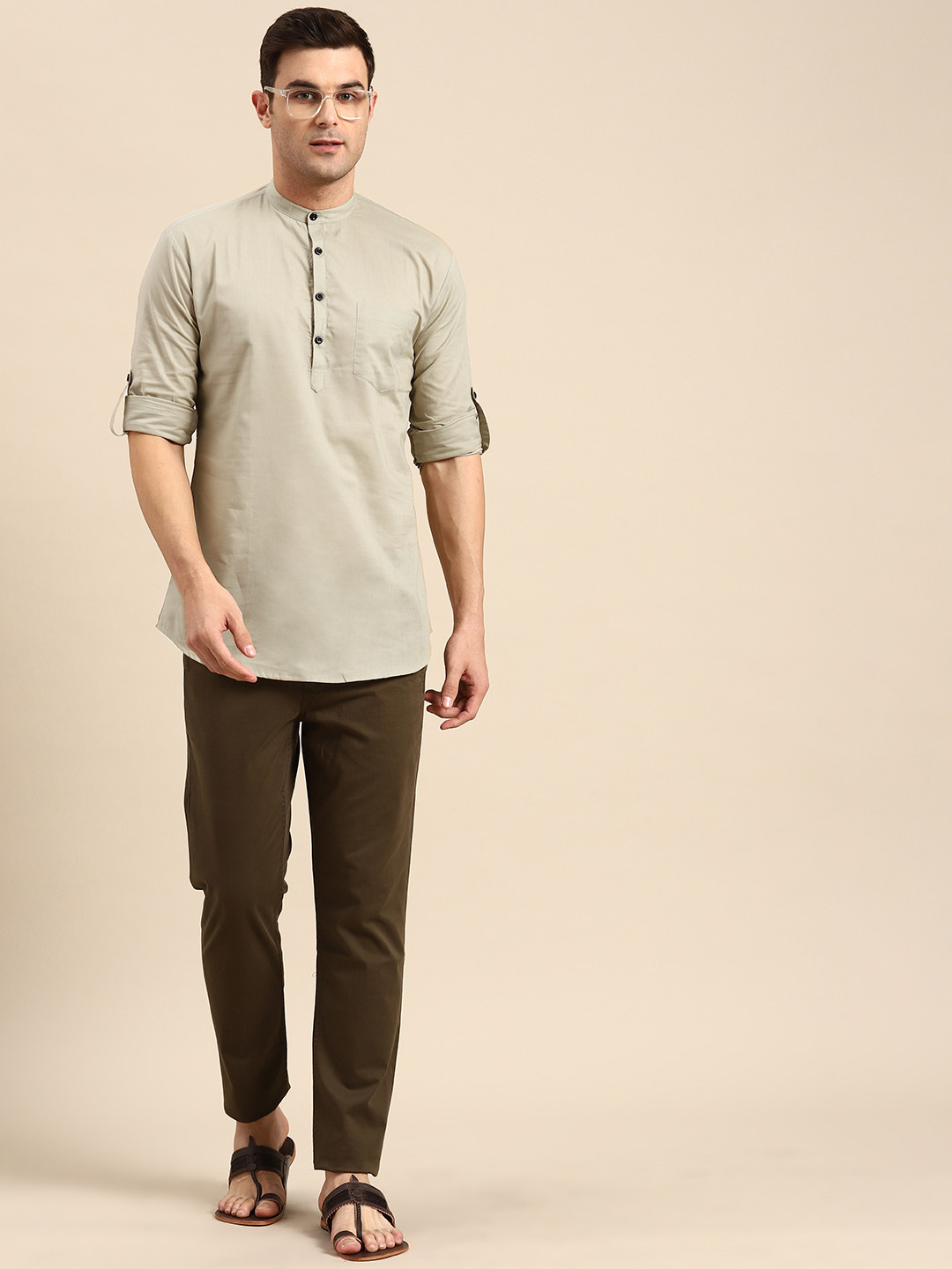 RAJUBHAI HARGOVINDAS Men Mandarin Collar Roll-Up Sleeves Pure Cotton Kurta