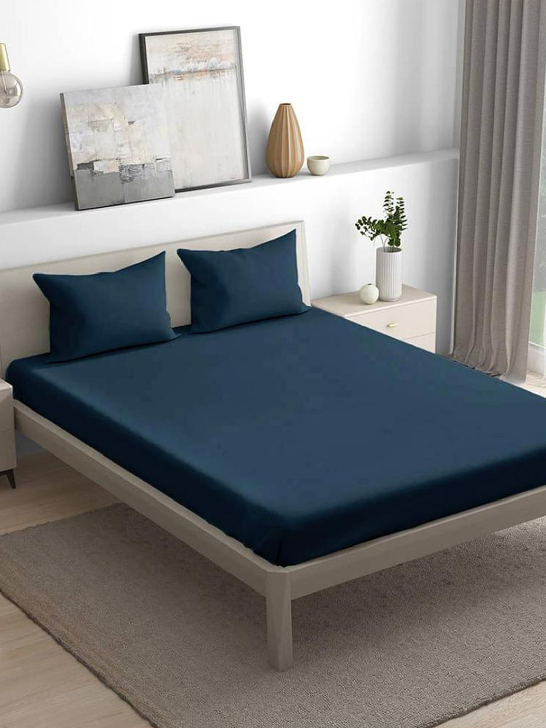 wakefit Premium Navy Blue Cotton 144 TC King Bedsheet with 2 Pillow Covers-78 x 72 inches