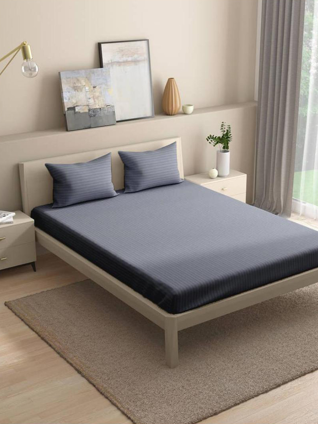 wakefit Blue Cotton 210 TC Fitted King Fine Bedsheet with 2 Pillow Covers-84 x 71 inches