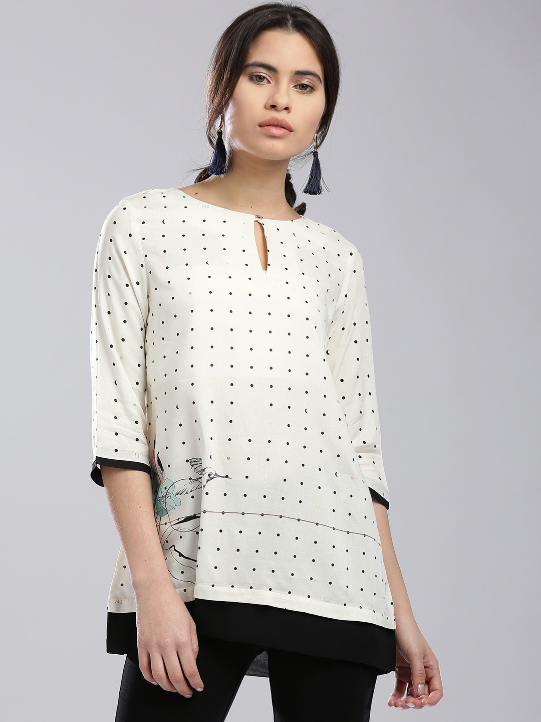W Women Cream-Coloured & Black Printed A-Line Top