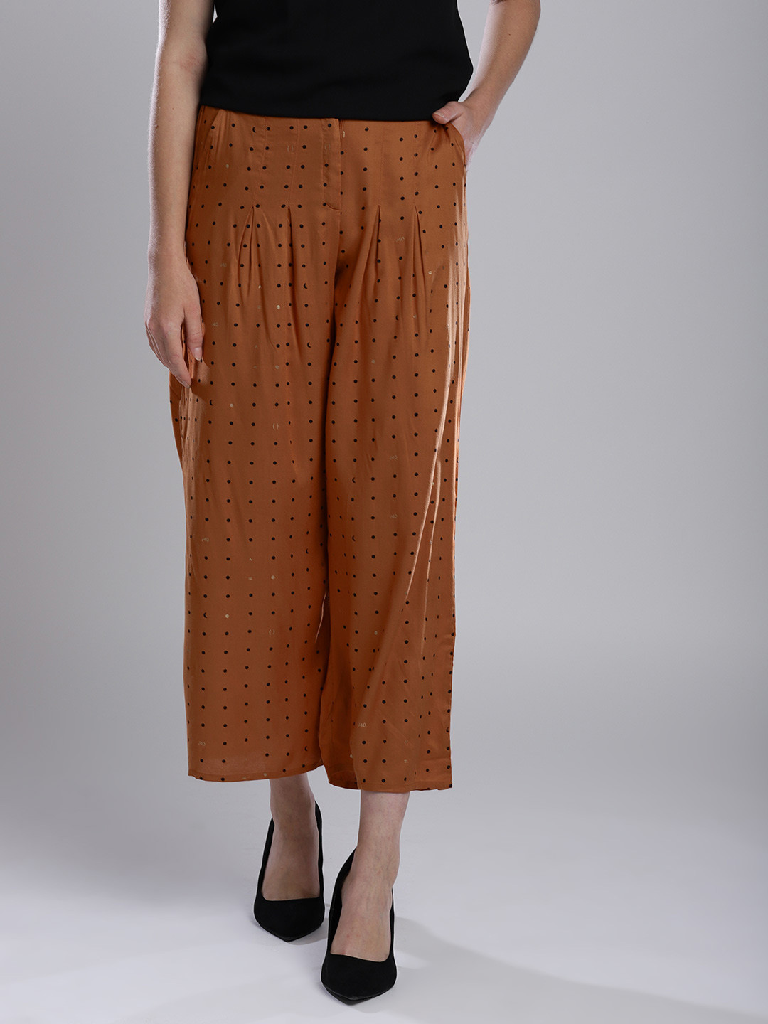 W Women Brown Dot Print Wide Leg Palazzos with Pleats