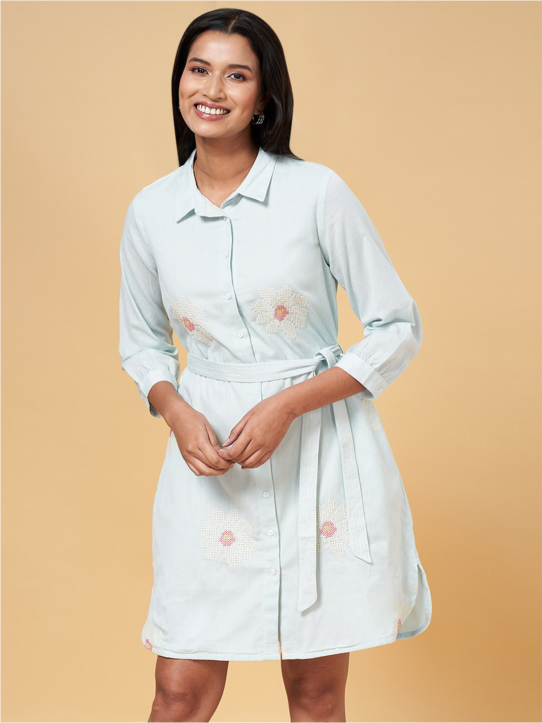 AKKRITI BY PANTALOONS Floral Embroidered Cuff Sleeves Belted Cotton Shirt Dress