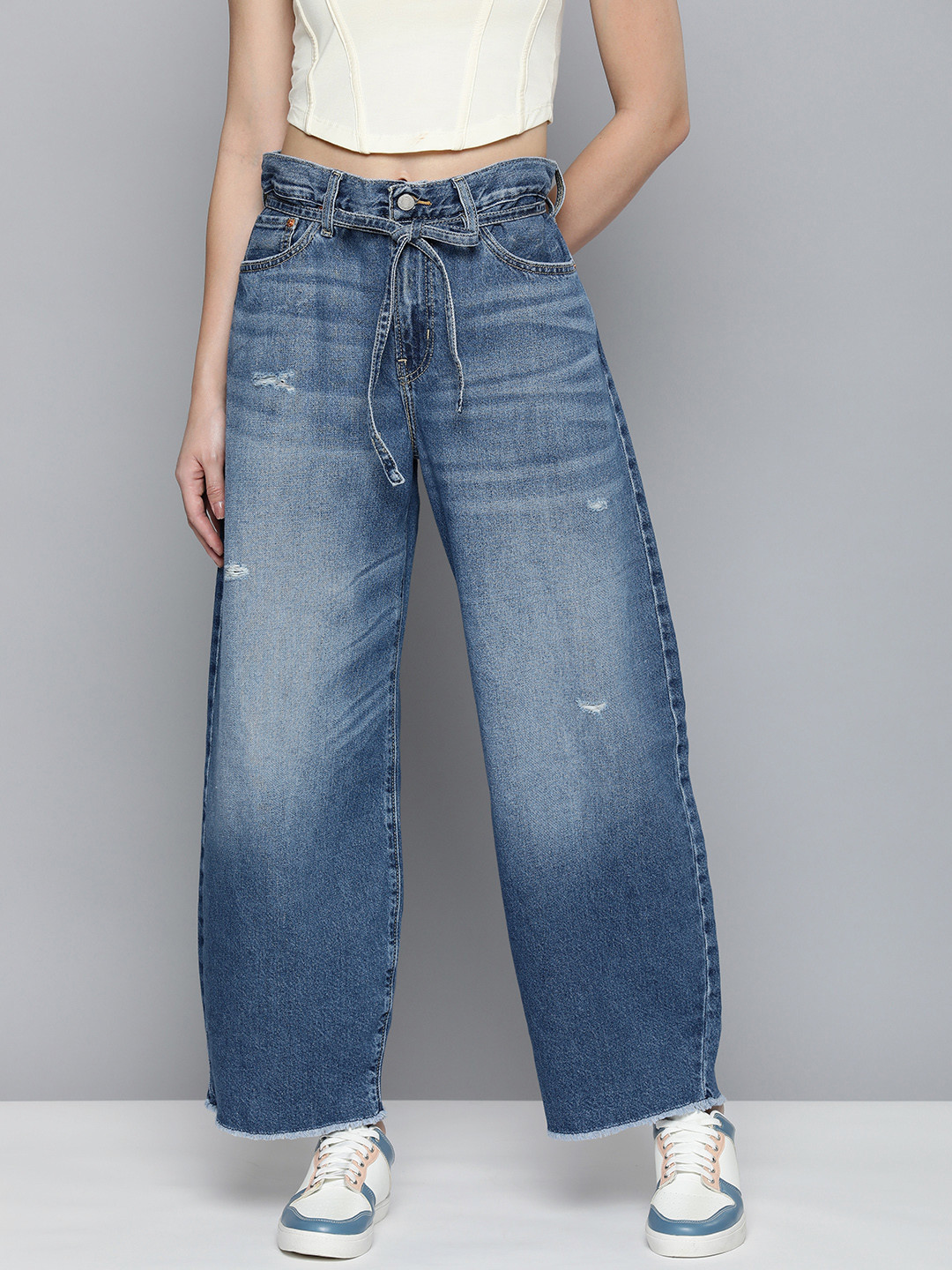 Levis Women Balloon Loose Tapered Fit High-Rise Low Distress Heavy Fade Pure Cotton Jeans