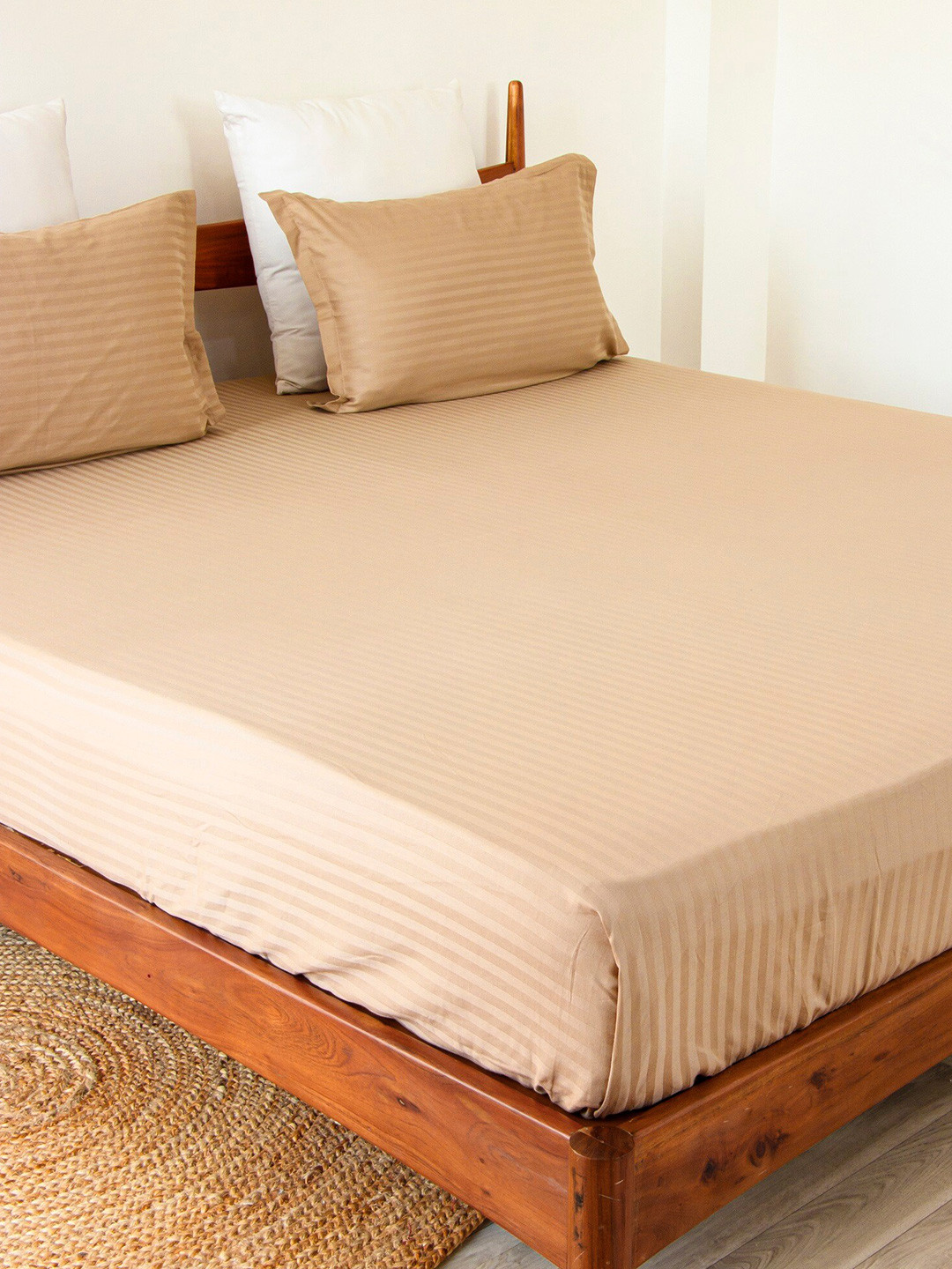 HOMEMONDE Taupe Striped Cotton 300 TC Fitted Queen Fine Bedsheet with 2 Pillow Covers-78 x 66 inches