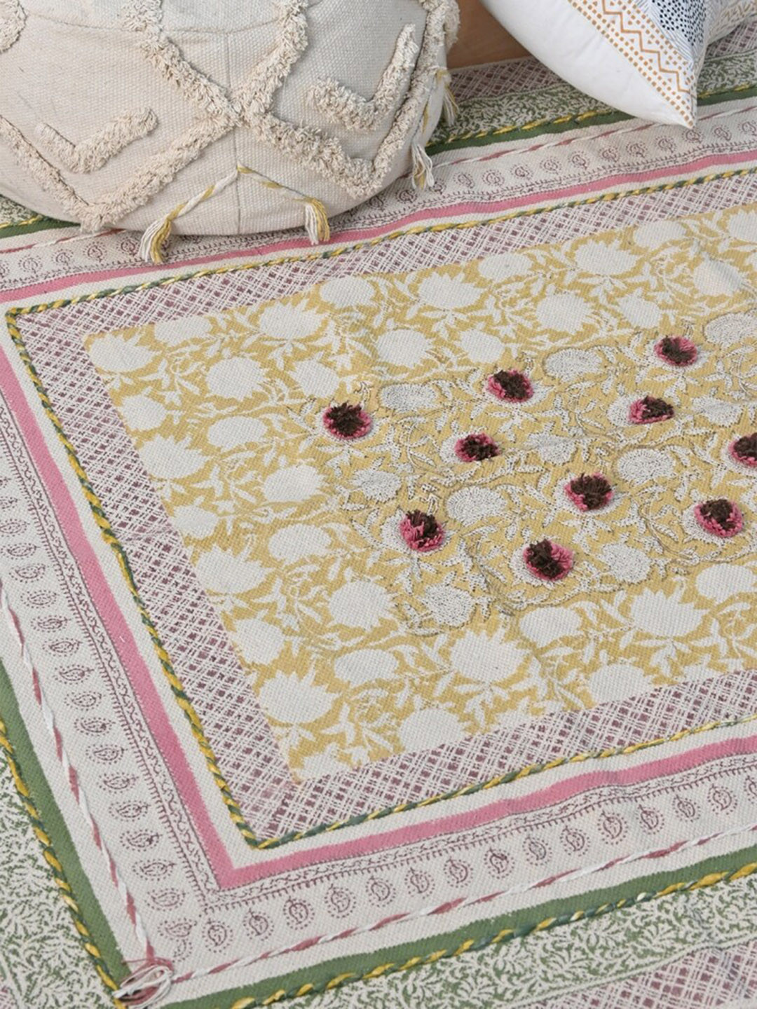 Art Avenue Marrone Green & Yellow Printed Cotton Carpet