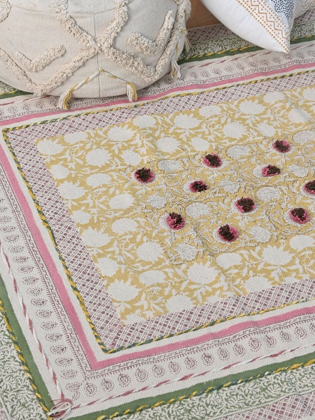 Art Avenue Marrone Green & Yellow Printed Cotton Carpet