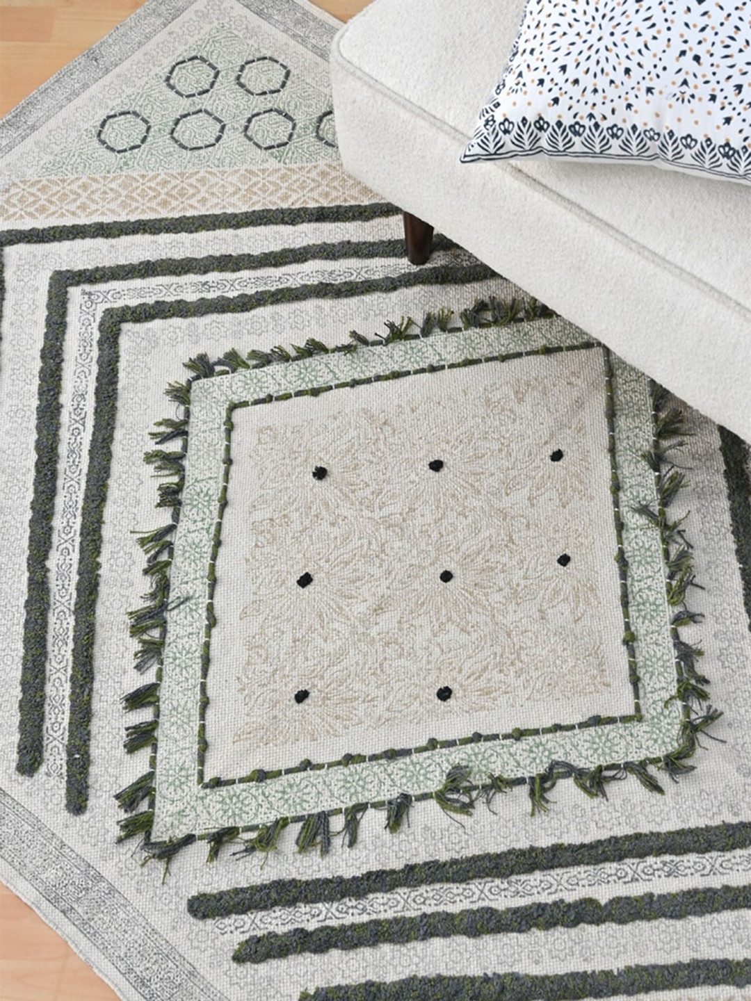 Art Avenue Cartera Green & White Printed Cotton Carpet