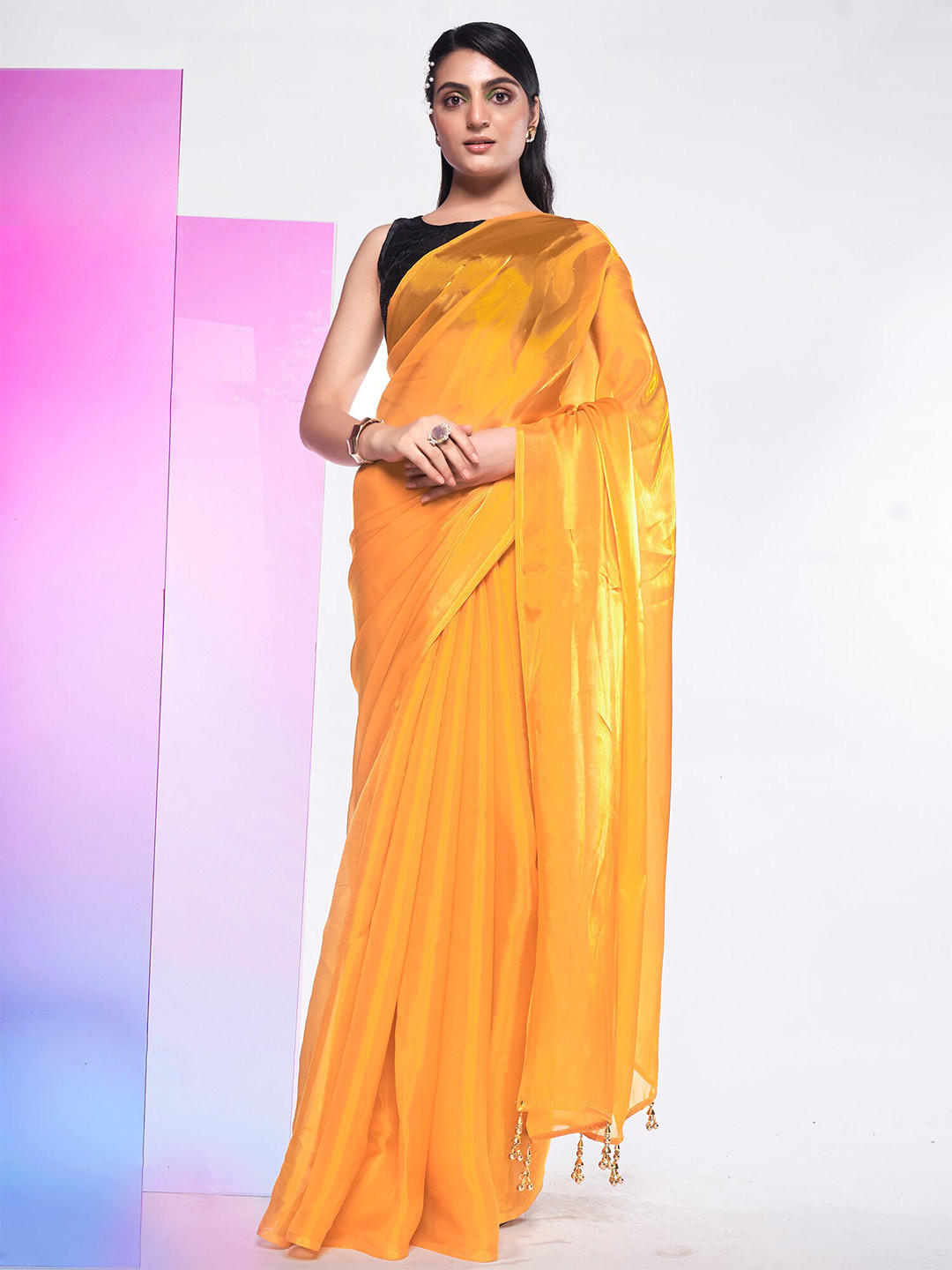 Kalista Mustard & Black Organza Saree With Sequinned Work Blouse
