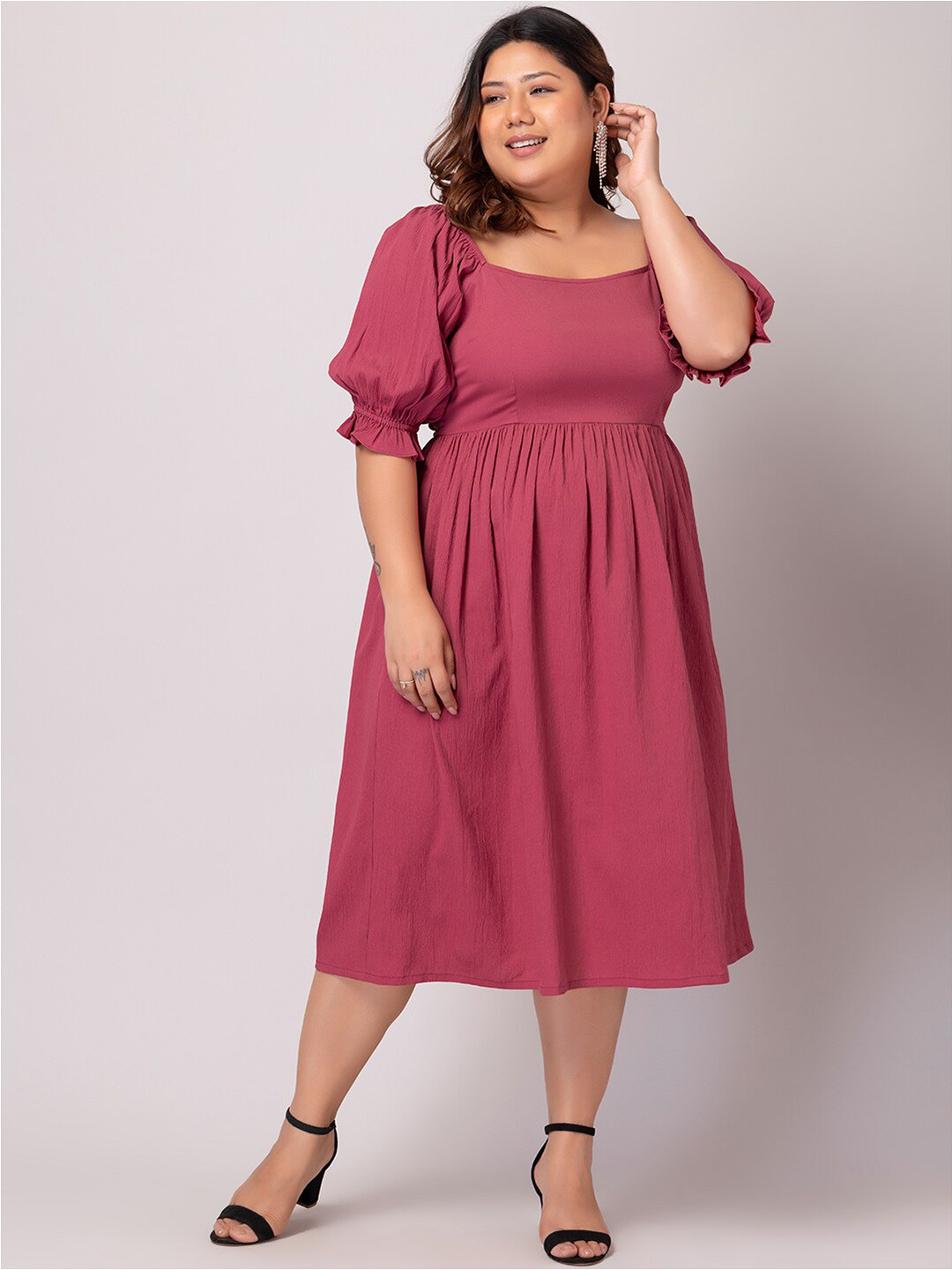 FabAlley Curve Plus Size Square Neck Puff Sleeve A-Line Dress