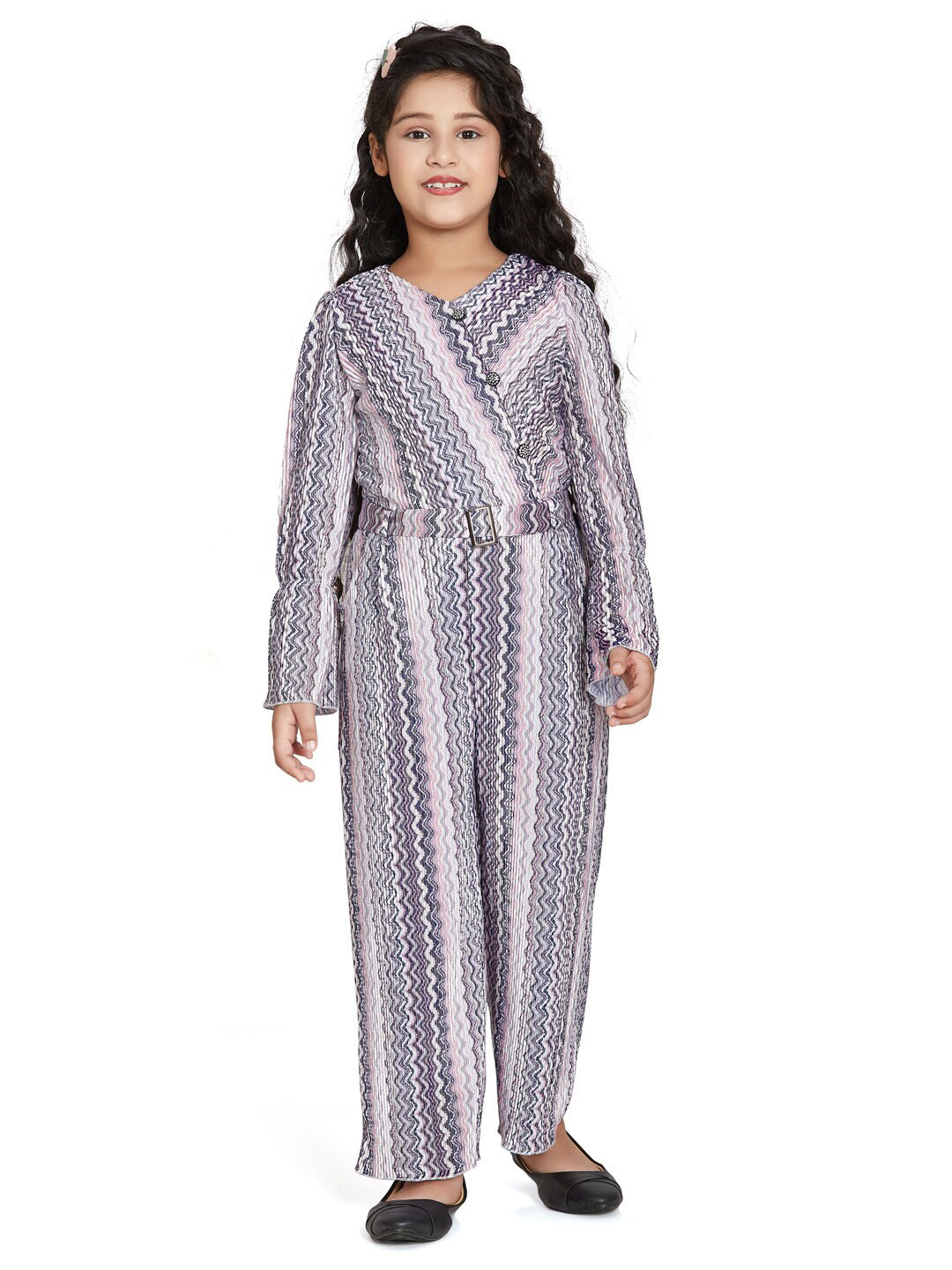 Peppermint Girls Striped Bell Sleeve Belted Jumpsuit