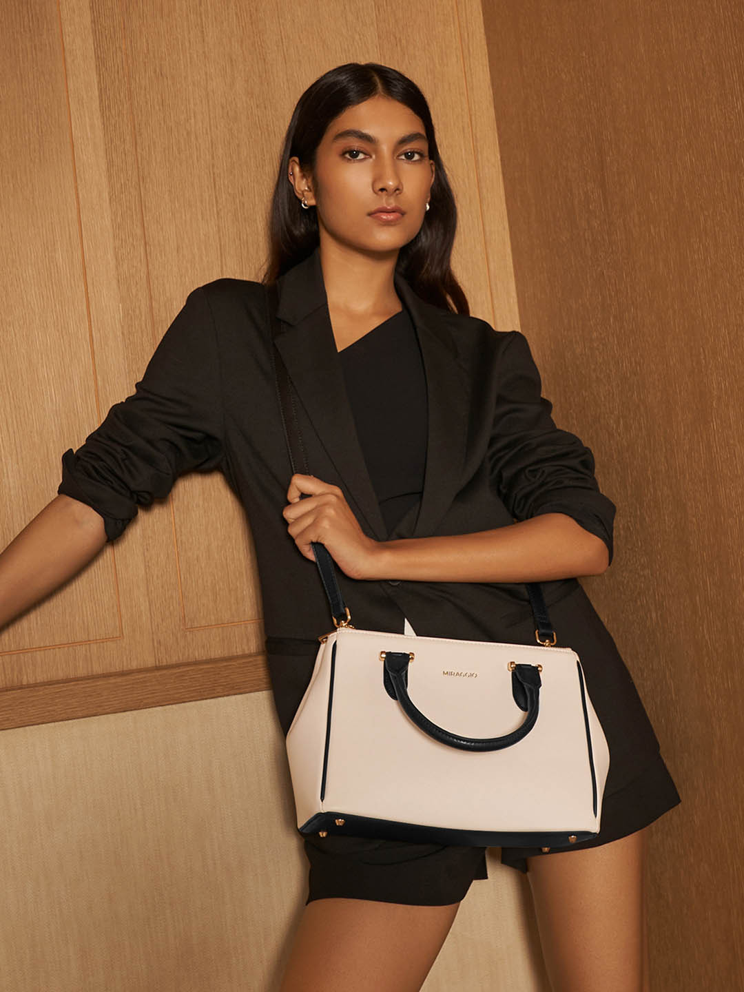 MIRAGGIO Blair White Structured Handbag with Detachable Crossbody Strap