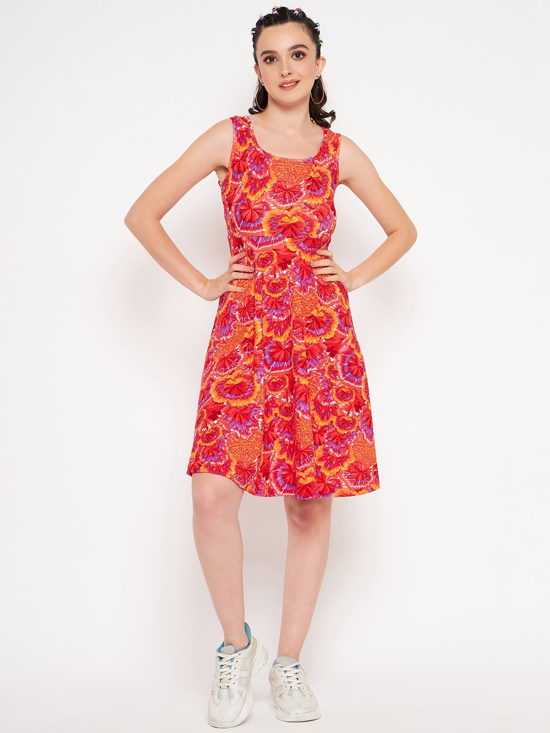 Uptownie Lite Red Floral Printed Stretchable Fit & Flare Dress