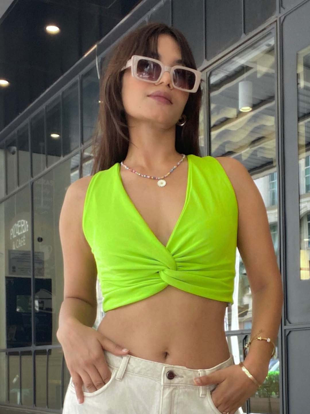 Uptownie Lite Green V-Neck Wrap Crop Top