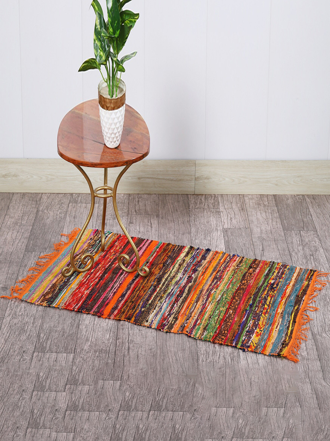 HANDICRAFT PALACE Orange-Colored & White Braided Chindi Woven Cotton Reversible Carpet