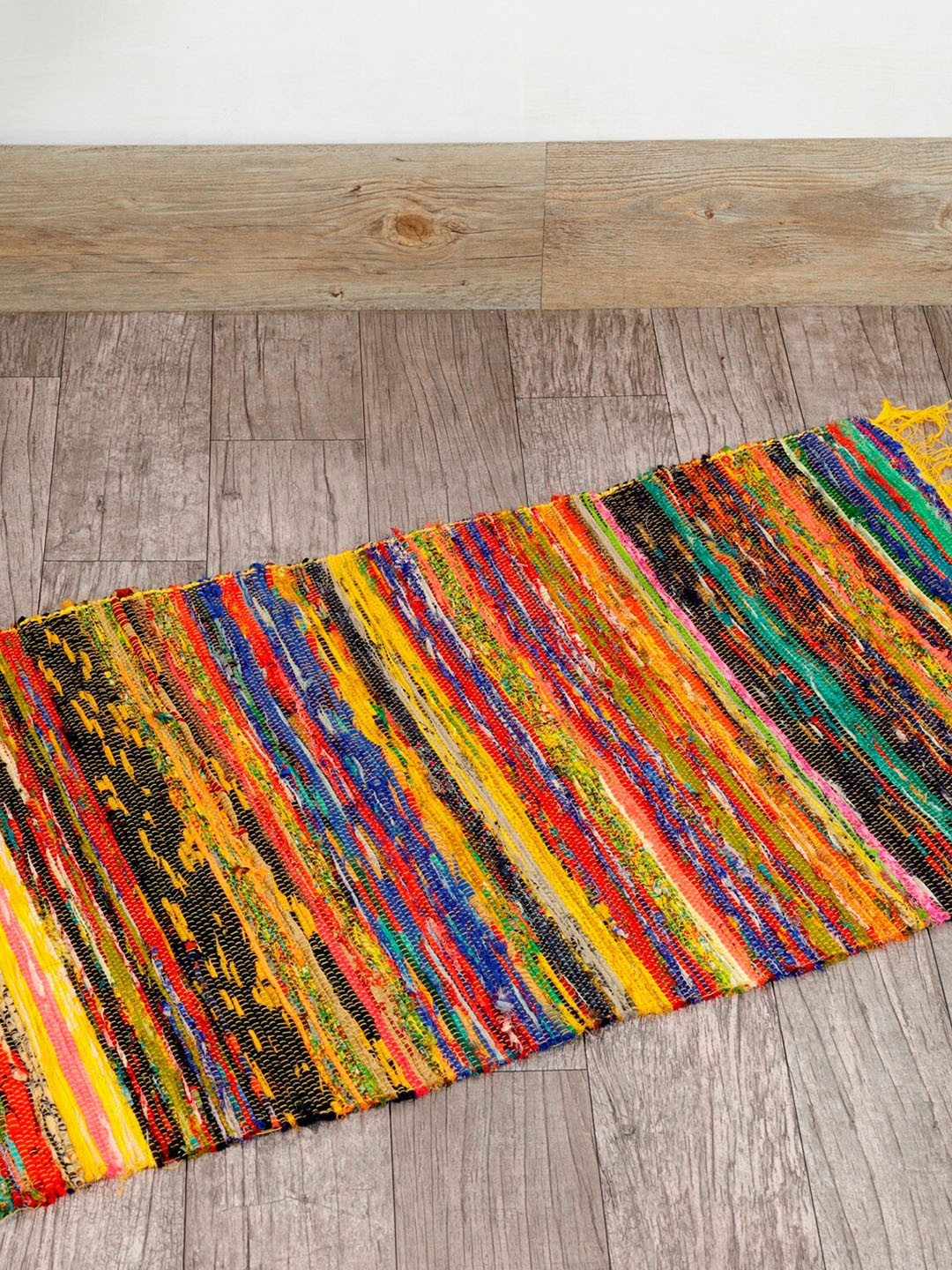 HANDICRAFT PALACE Yellow & Blue Braided Chindi Woven Cotton Reversible Carpet