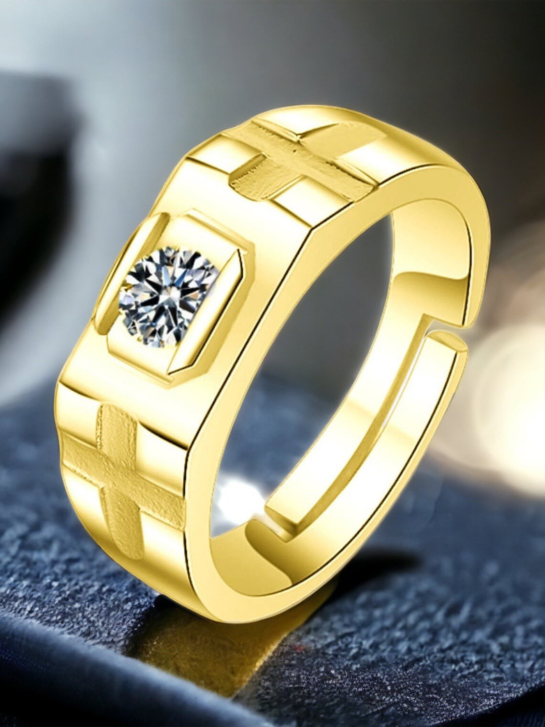 MYKI 24 KT Gold-Plated Stone-Studded Adjustable Stainless Steel Finger Ring