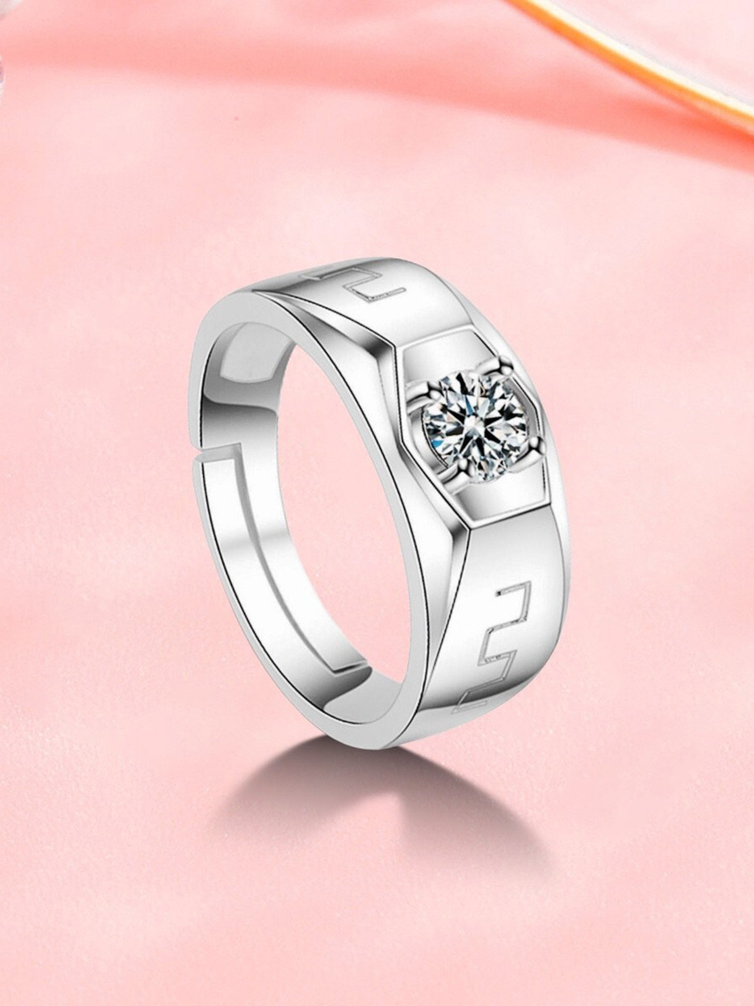 MYKI Men Sterling Silver-Plated CZ Studded Swarovski Solitaire Stainless Steel Rings