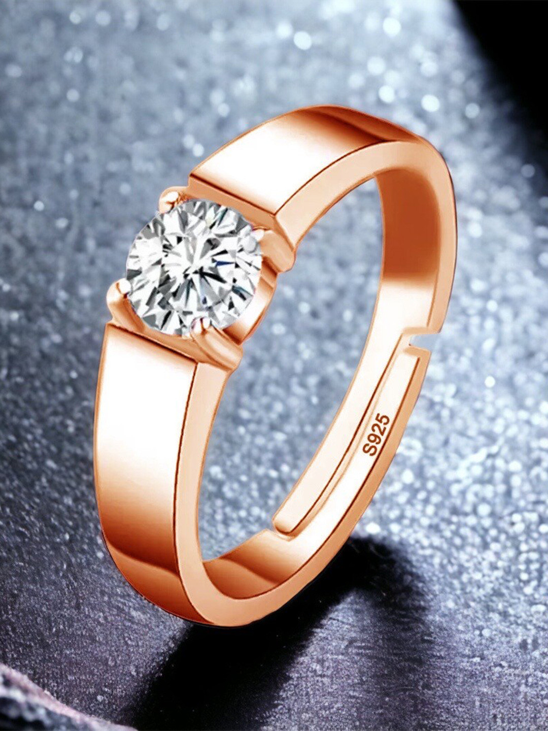 MYKI Mens Rose Gold Plated & CZ Studded Adjustable Stainless Steel Finger Ring