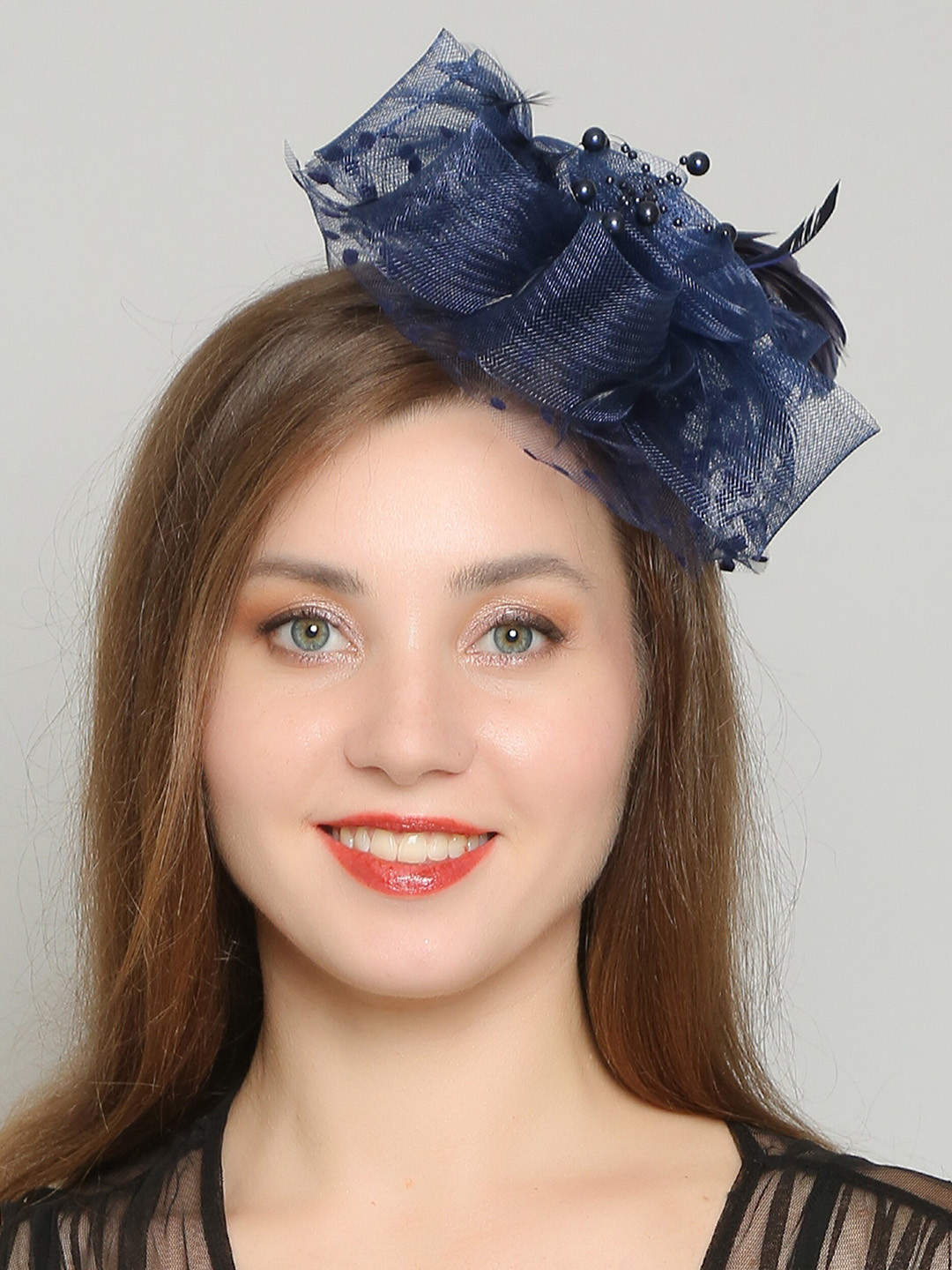COLOR STYLE Blue Flower Mesh Ribbons Feathers Fedoras Hat