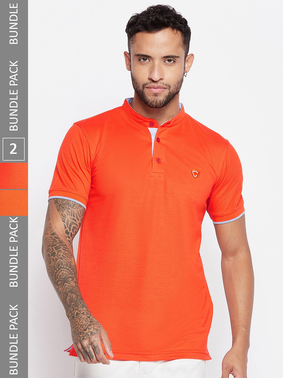 Camey Pack Of 2 Mandarin Collar Cotton Relaxed Fit T-shirt