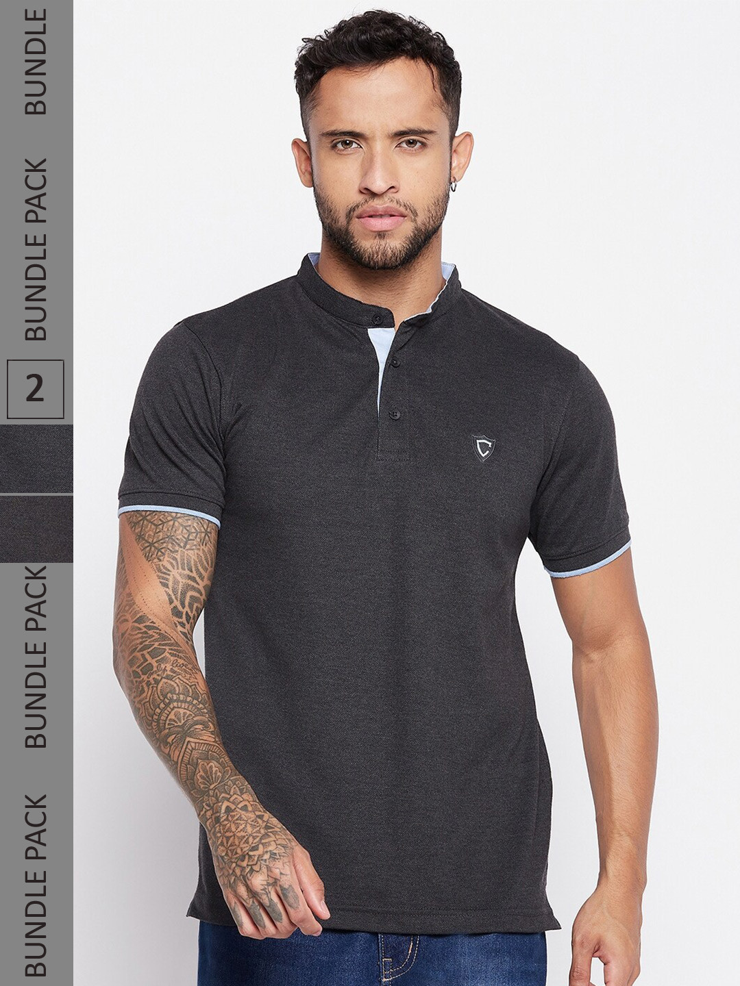 Camey Pack Of 2 Band Collar Relaxed Fit Casual Cotton T-shirts