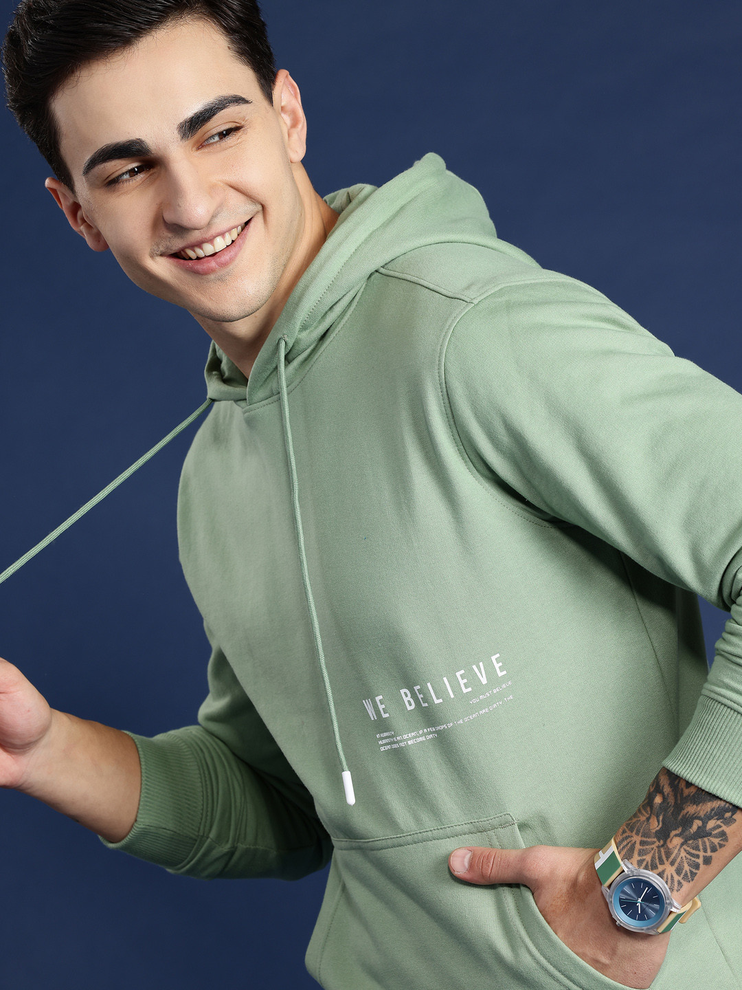 Mast & Harbour Solid Minimal Print Detail Hooded Sweatshirt