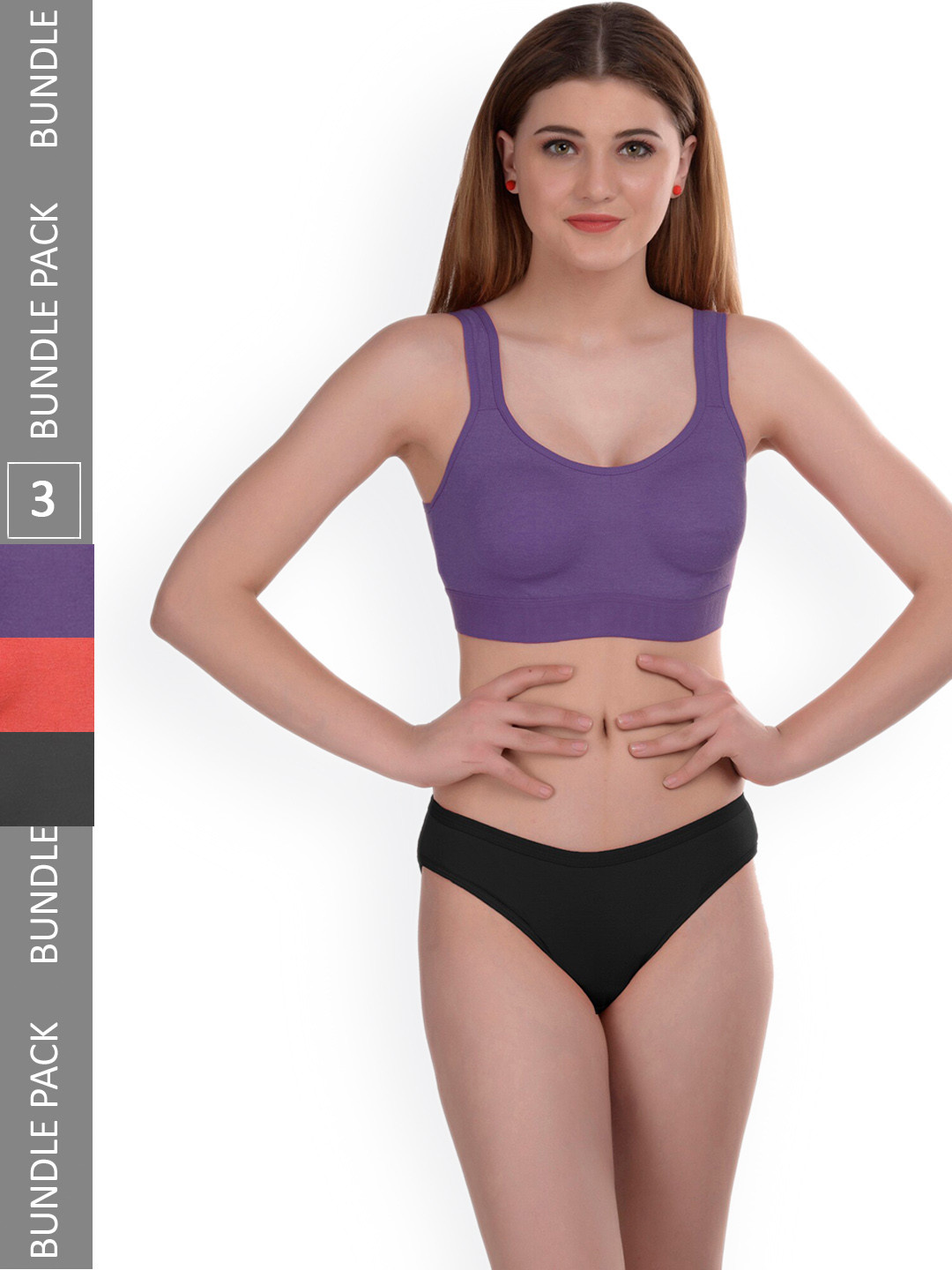 AROUSY Pack Of 3 Non-Padded Cotton Lingerie Set Gayla Set_Orange,Purple,Black_32-Purple