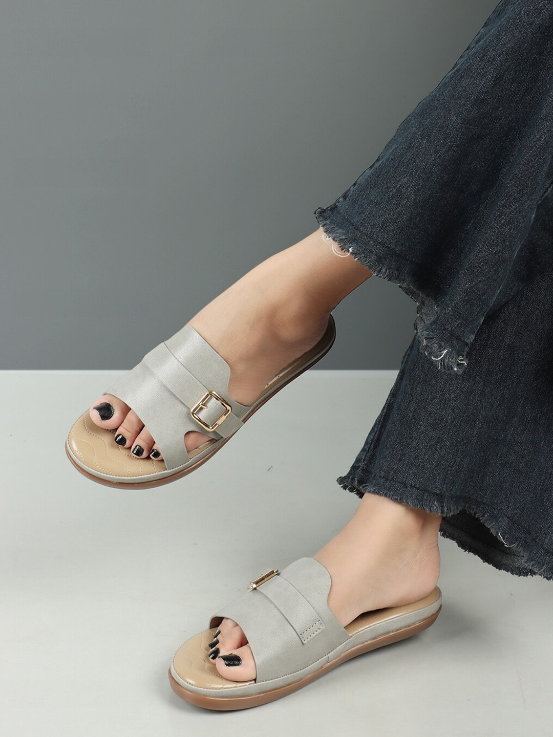 ICONICS Open Toe Flats With Buckle Detail