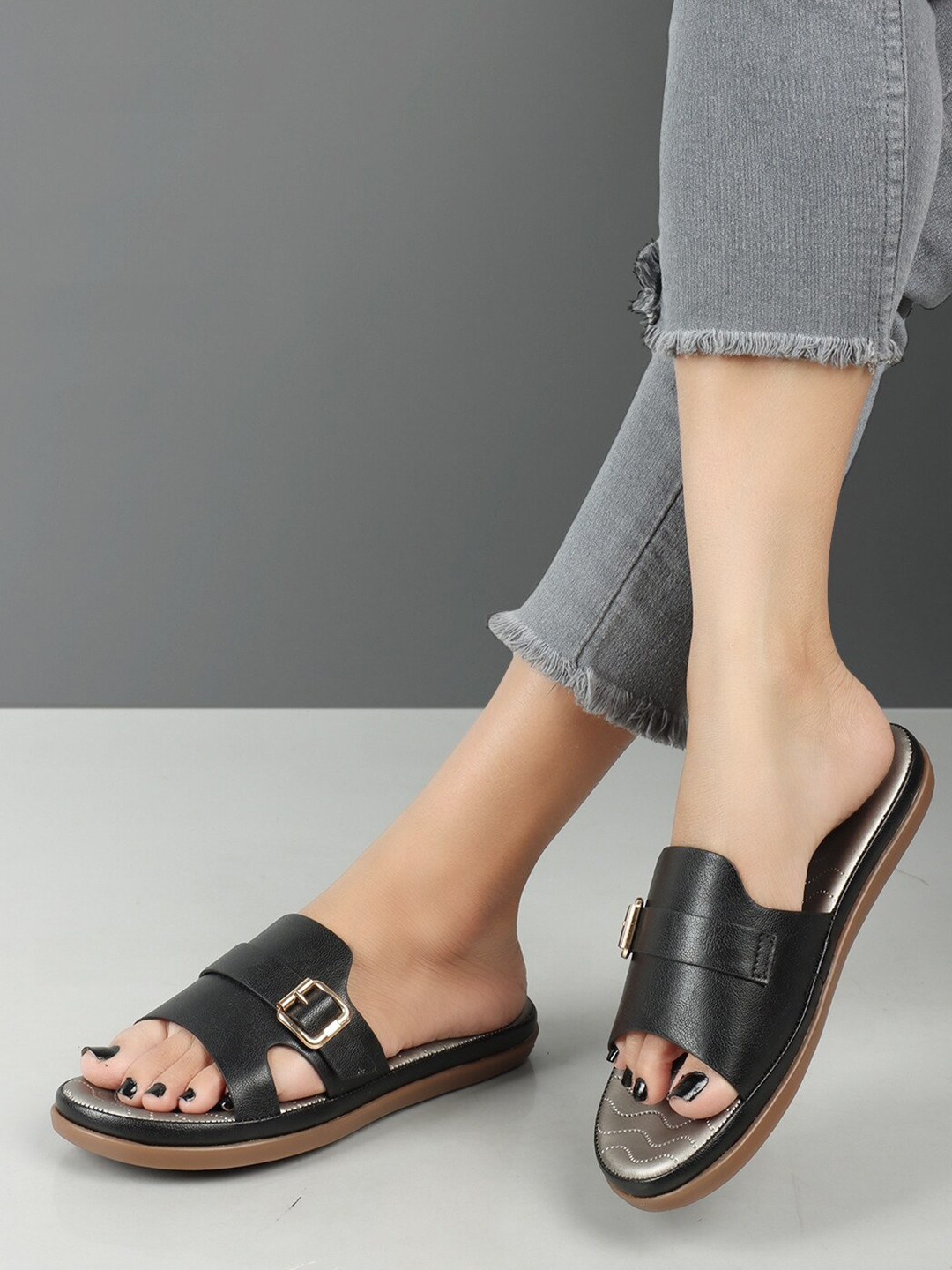 ICONICS Open Toe Flats With Buckle Detail