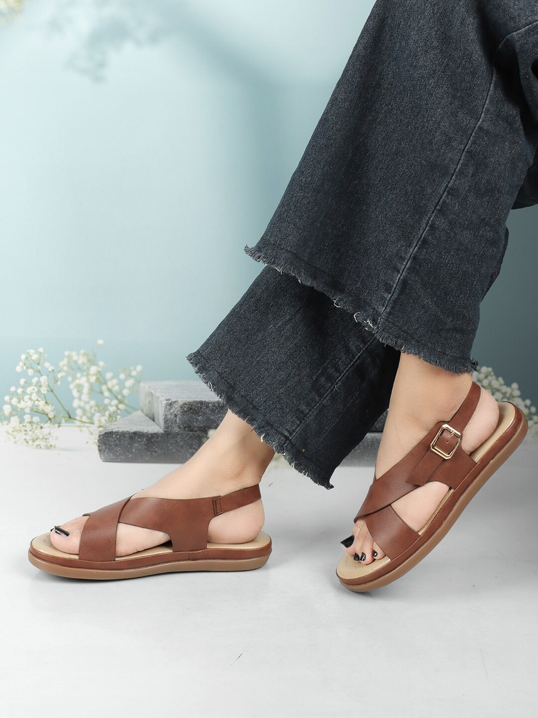 ICONICS Cross Strap Open Toe Flats  Buckle Closure