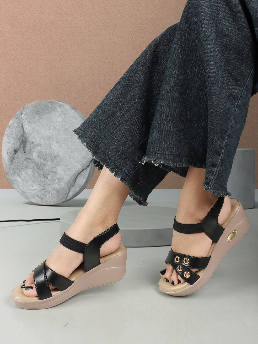 ICONICS Open Toe Wedge Heels With Ankle Loop