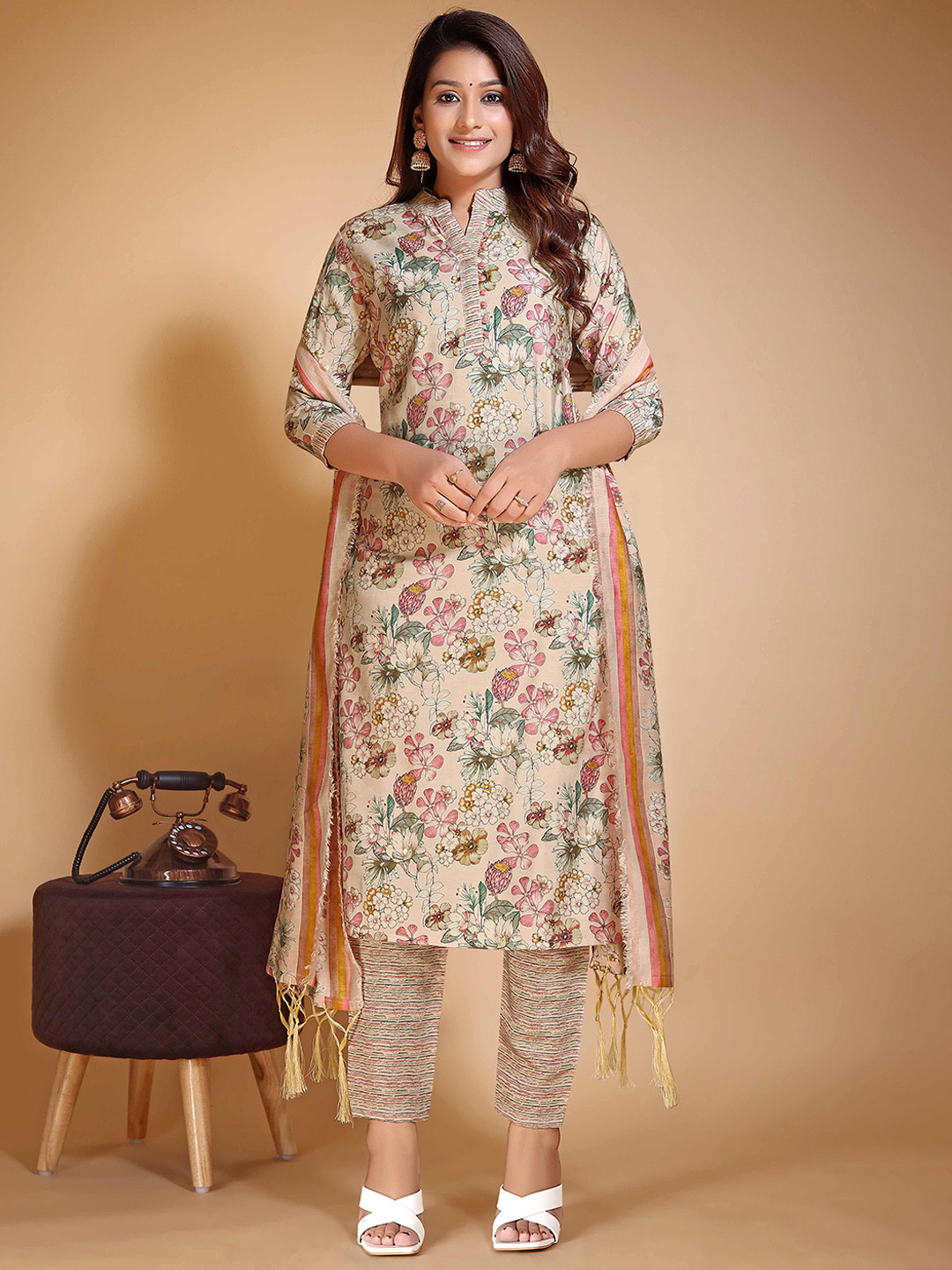 Vidraa Western Store Floral Printed Chanderi Cotton Kurti With Trousers & Dupatta