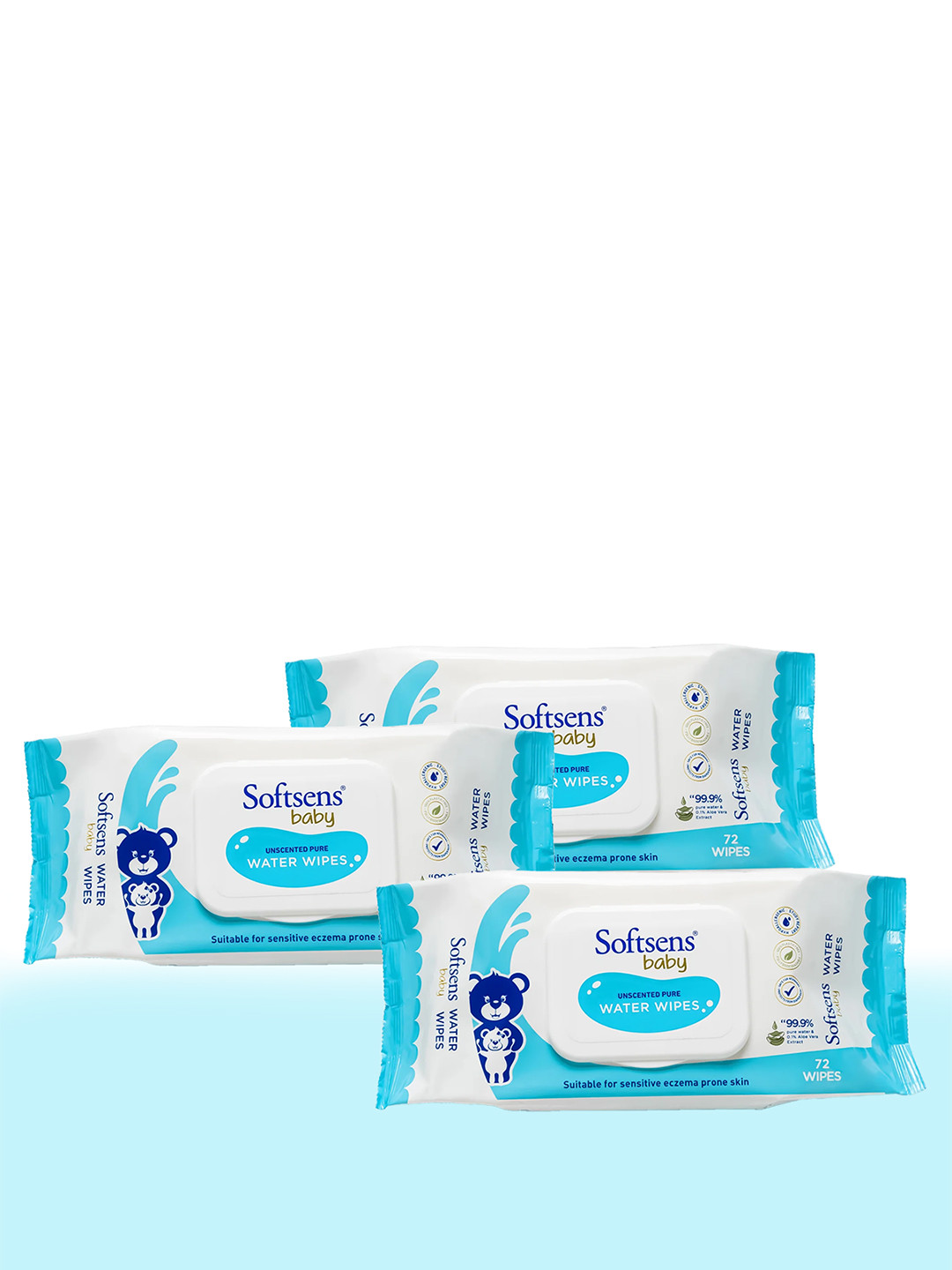 Softsens Baby Set Of 3 Unscented 99.9% Pure Water & 0.1% Aloe Vera Baby Wipes - 72Pcs Each