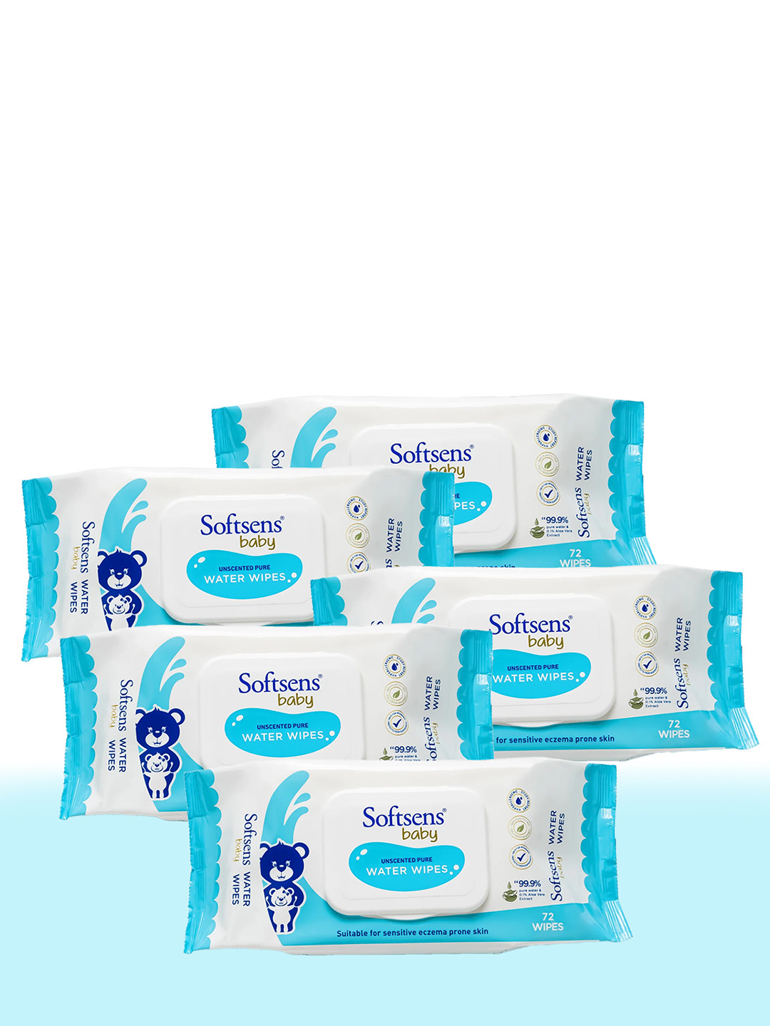 Softsens Baby Set Of 5 Unscented 99.9% Pure Water & 0.1% Aloe Vera Baby Wipes - 72Pcs Each