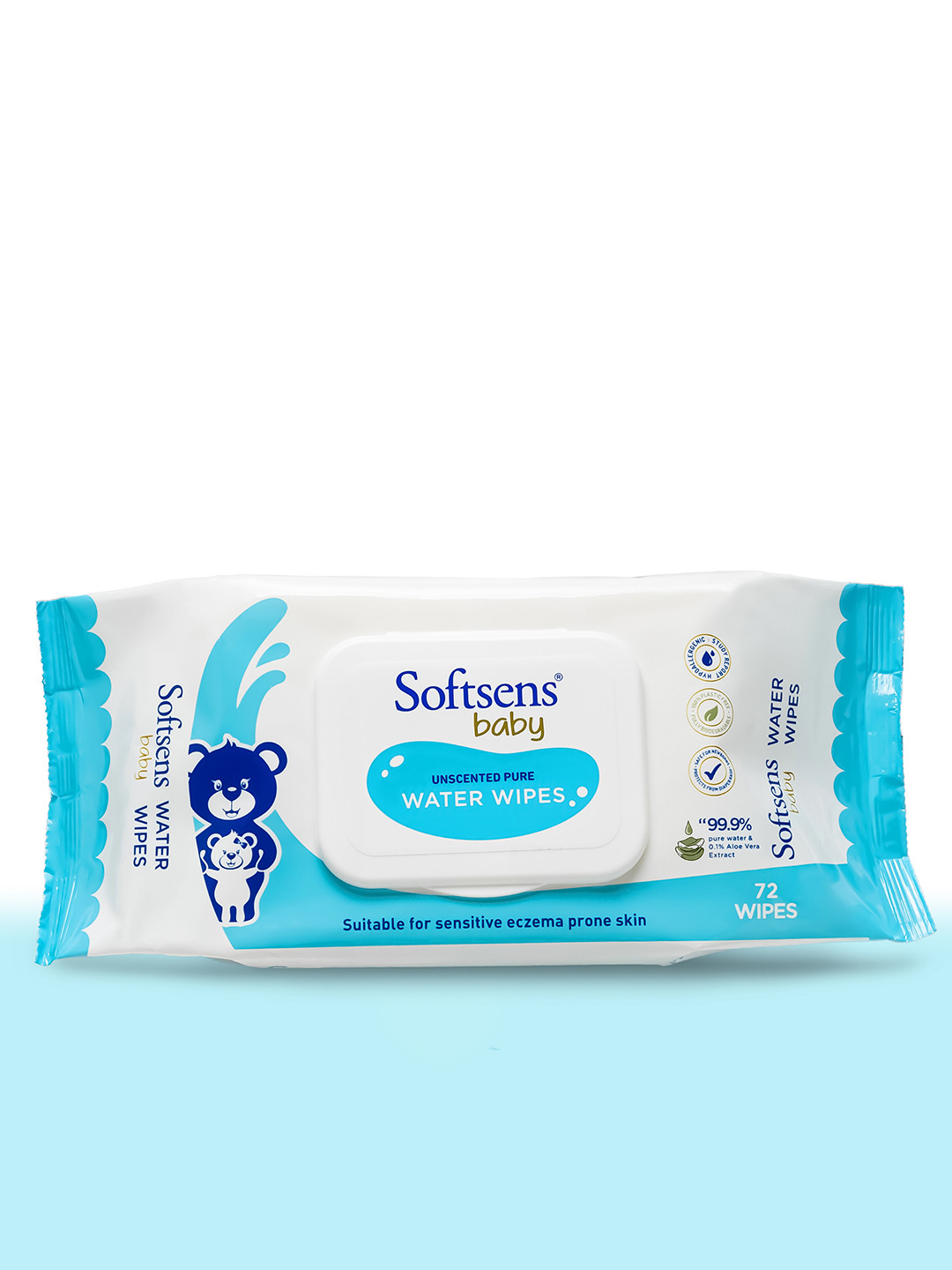 Softsens Kids Unscented 99.9% Pure Water & 0.1% Aloe Vera Baby Wipes - 72Pcs