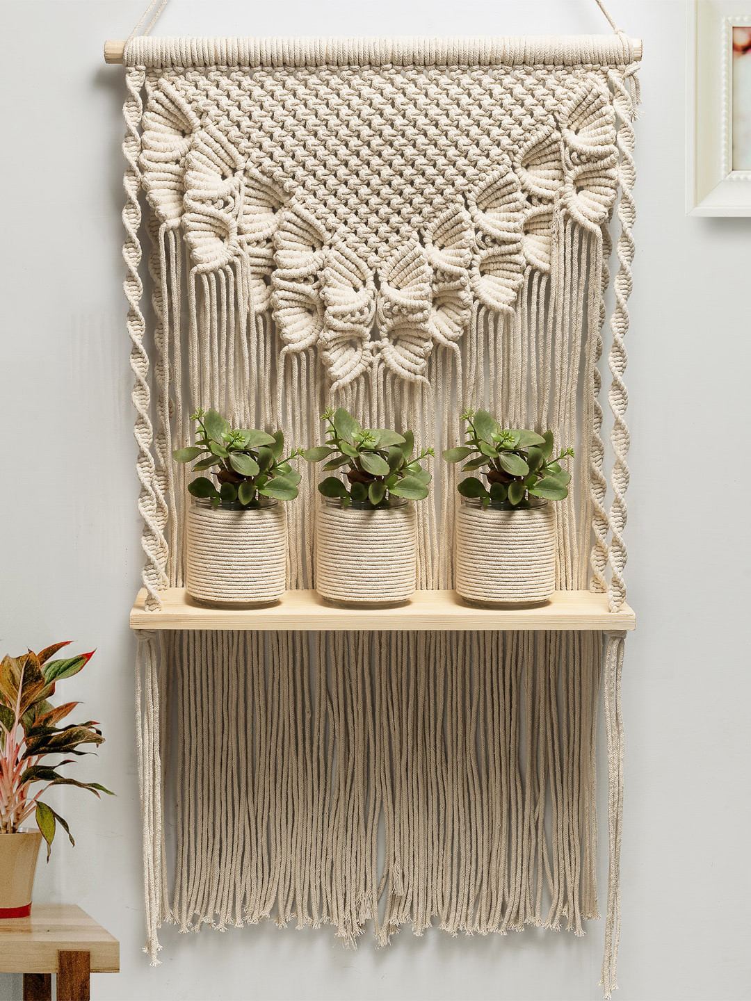 Decazone Beige Wood Macrame Wall Hanging Shelf