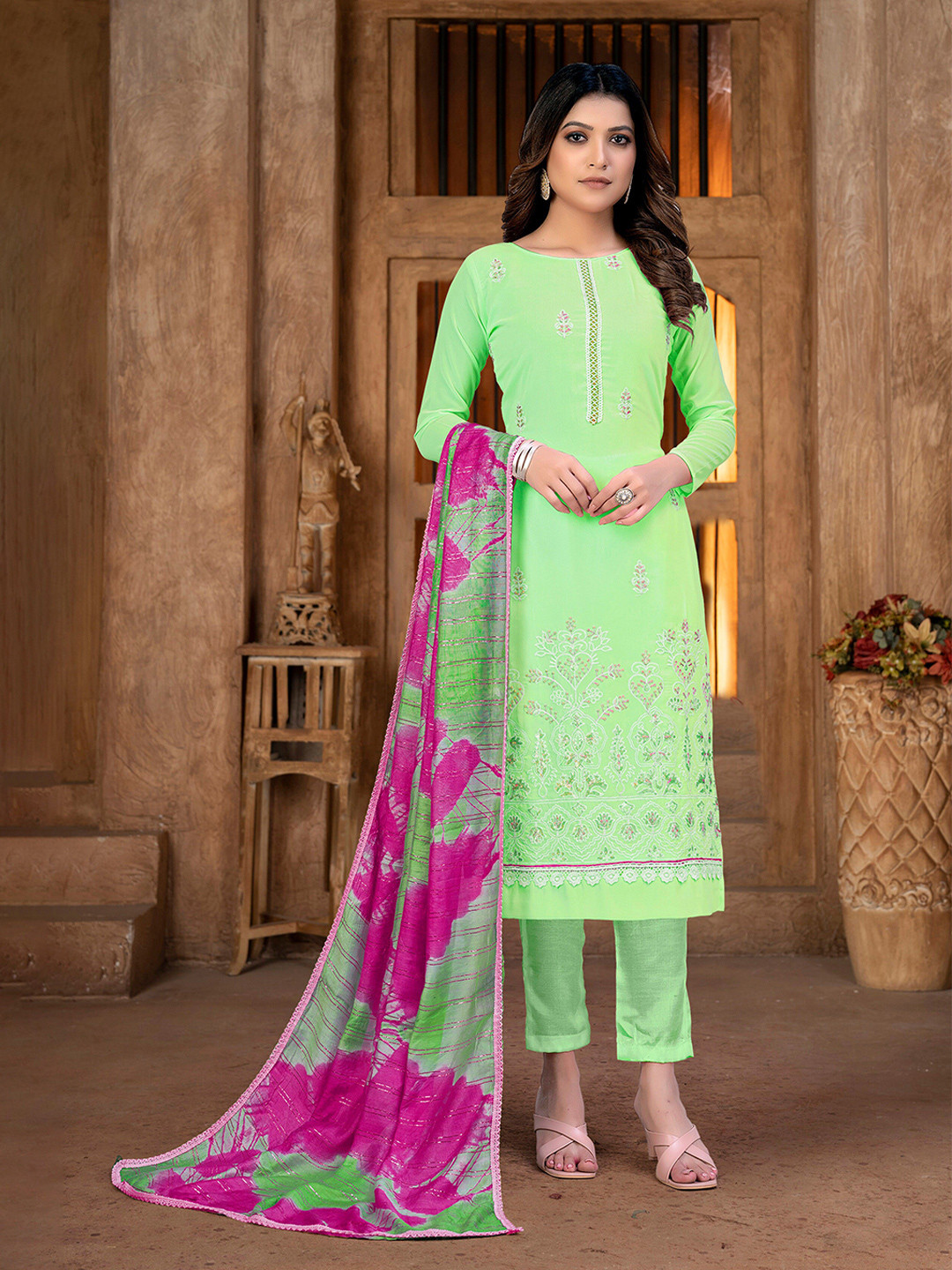 SHADOW & SAINING Embroidered Sequine Silk Georgette Unstitched Dress Material