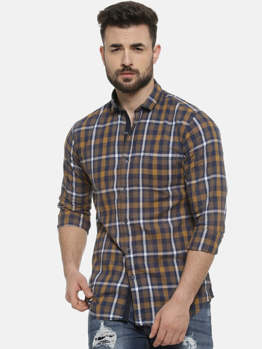 Campus Sutra Brown Classic Tartan Checked Cotton Casual Shirt