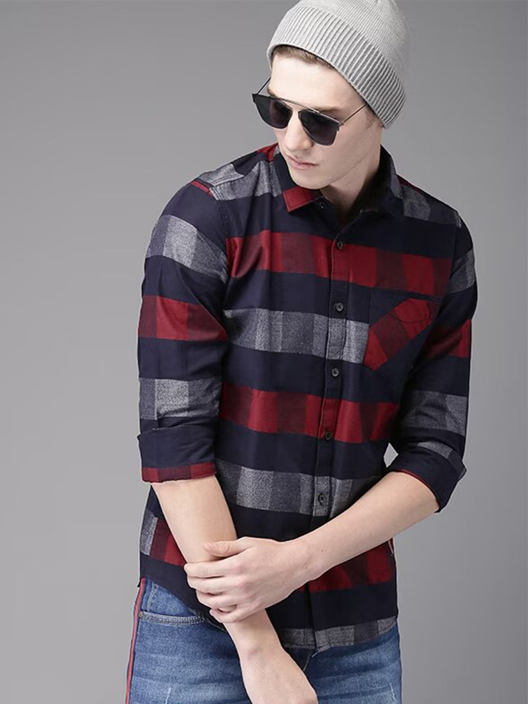 Campus Sutra Black & Red Classic Buffalo Checked Cotton Casual Shirt