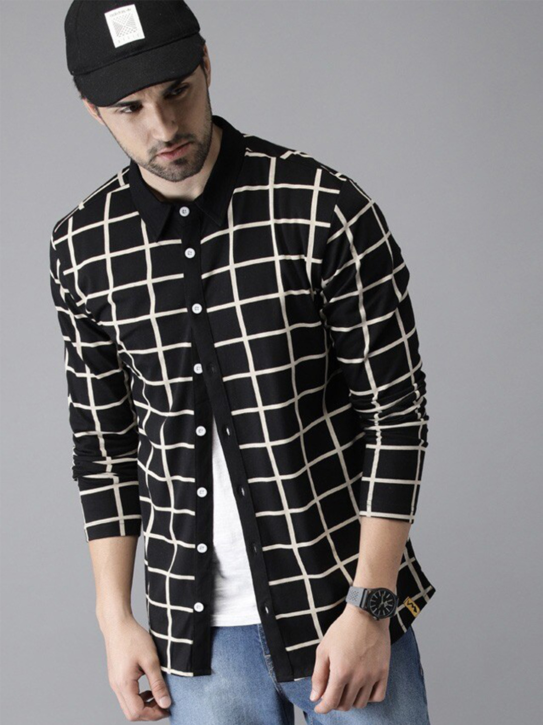 Campus Sutra Black Classic Windowpane Checked Cotton Casual Shirt