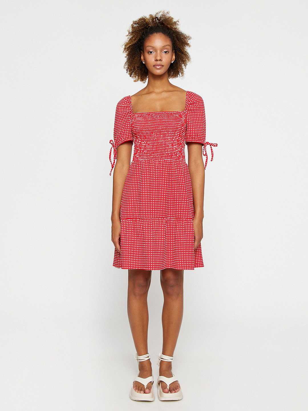 Koton Printed Square Neck Gimped Puff Sleeves Smocked A-Line Dress