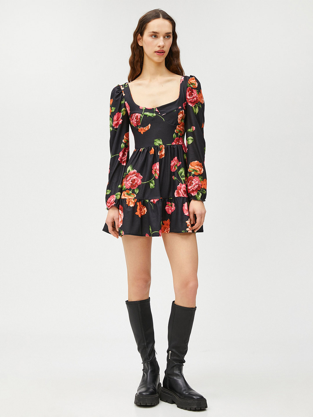 Koton Floral Printde Puff Sleeves U-Neck Fit & Flare Dress