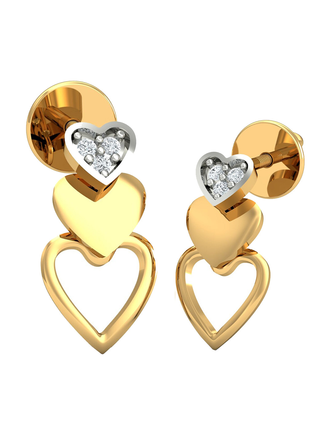 KUBERBOX Layered Heart 18KT Gold Diamond Studded Stud Earrings-1.59gm