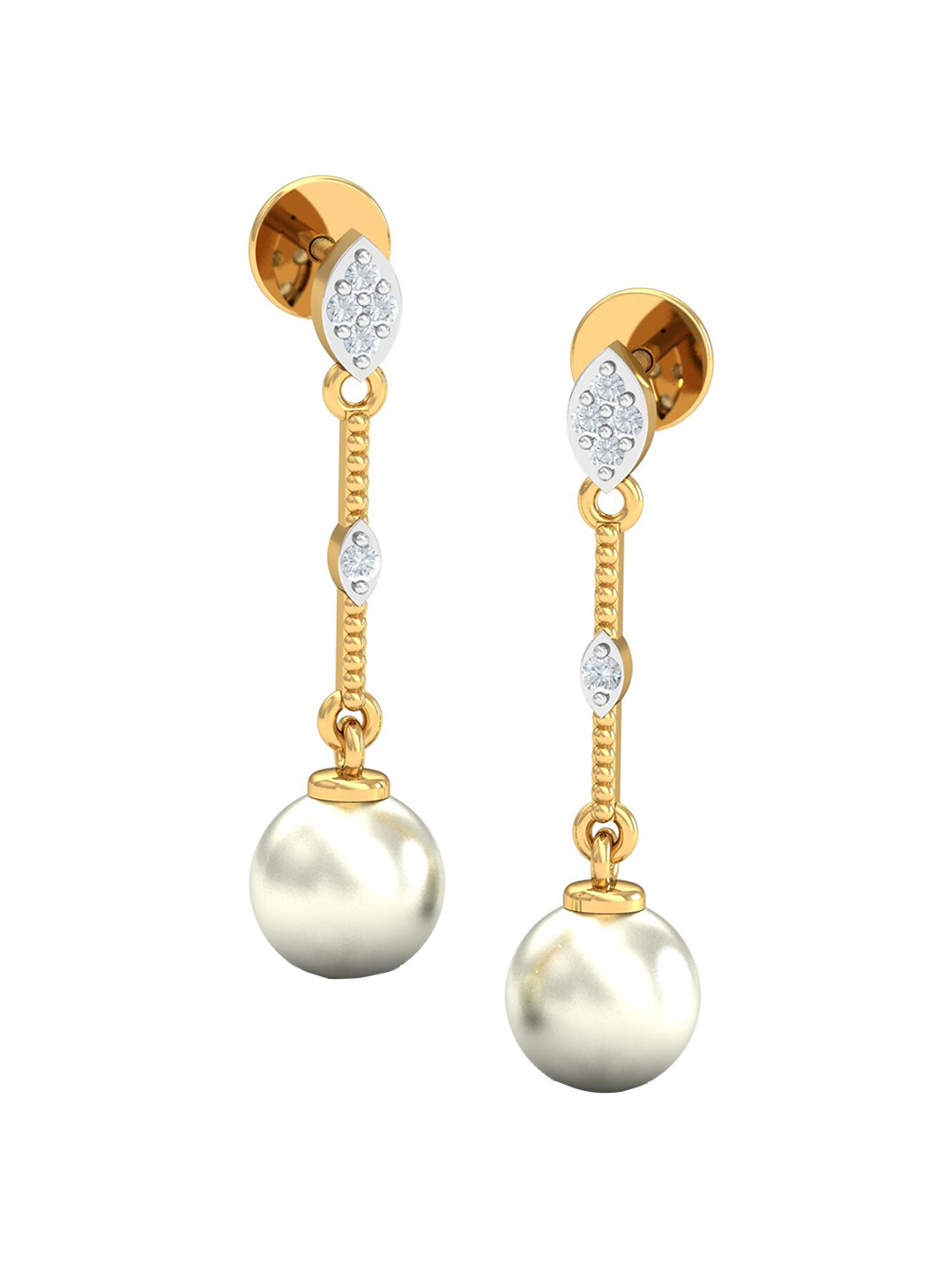 KUBERBOX Dangling 18KT Gold Diamond Studded Pearl Earrings - 1.39 gm
