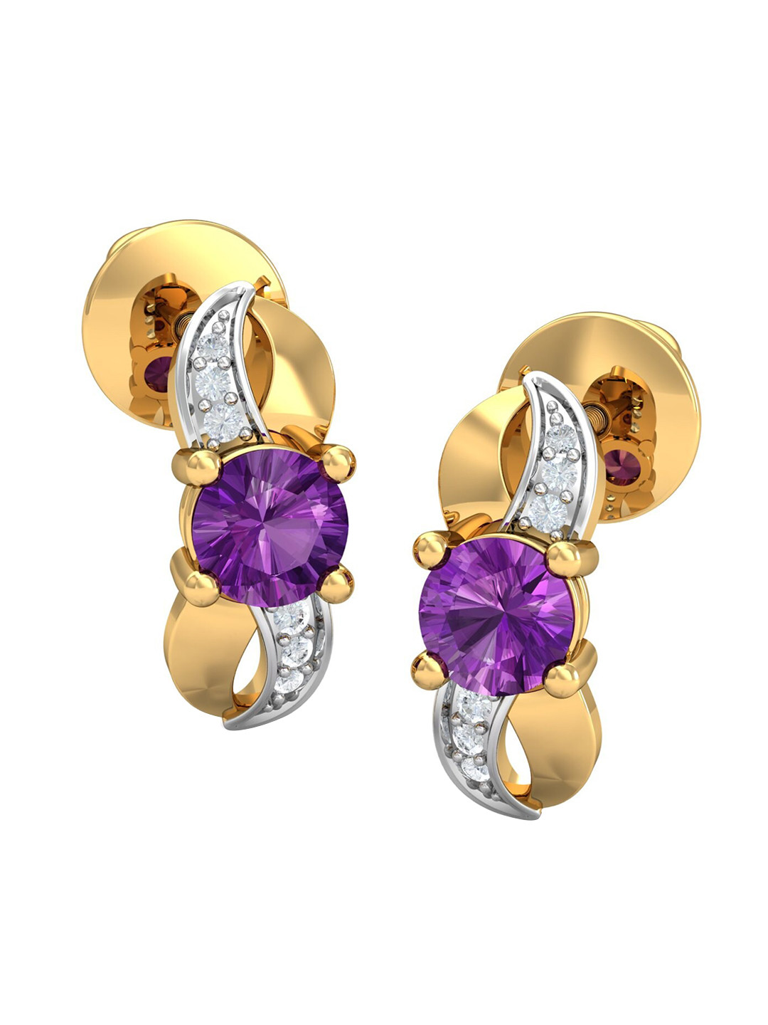 KUBERBOX Double Twist 18KT Gold Diamond Amethyst Studded Earrings-2.66gm